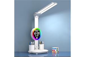 YNDD Lampada da scrivania per bambini, senza fili, con orologio, a LED, dimmerabile, da 3200 mAh, per scrivania, display LCD, calendario/temperatura, 3 colori di luce, per ragazze e ragazzi, bianco 3200