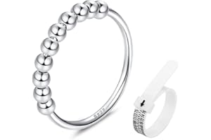 JeweBella Women's 925 Sterling Silver Ring with Movable Beads Band Ring Thin Stackable Rings Women Thumb Ring Finger Ring Jewellery Gift for Mum Daughter with Ring Measuring Tape