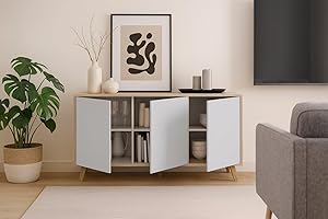 Dmora - Credenza Arvada, Buffet da cucina, Armadio di design da soggiorno, Madia moderna a 3 ante e ripiani, 154x40h75 cm, Rovere e Bianco