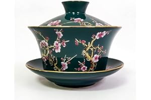 KOPYFANTAP Taza de Té Kung Fu de Porcelana con Platillo y Tapa,Taza de Té Tradicional China Sancai Gaiwan,Patrón de Relieve para Flores de Ciruela,Juego de Té de Palace Estilo Chino,300 ml, Verde
