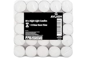 Avlash ® 8 Hour Tea Light Candles Pack of 50-8 Hour Burn Time - Shrink Wrapped, Unscented Tea Lights - White