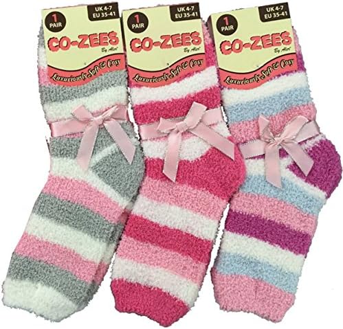 Ladies Fluffy Stripes & Polka Dot Design Co-Zee Thermal Socks (3 pair Pack, Pink-Blue Dream)