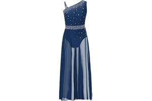 ranrann Enfant Fille Robe Danse Classique sans Manches Strass Costume Danse Lyrique Asymétrique Justaucorps Danse Ballet Tenue Patinage Artistique Dancewear 5-16 Ans