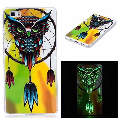 Huawei P8 lite Luminous Case, BONROY® Fluorescent Effect Night Glow In The Dark Transparent Ultra-Thin Soft Gel TPU Silicone Bumper Case Stylish Unique Colourful Printed Pattern Design Anti-Scratch Shock Absorption Protective Case Cover for Huawei P8 lite - Owl