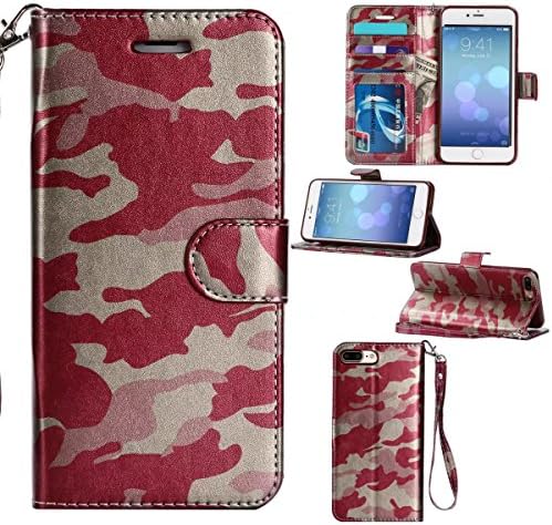 iPhone 7Plus /8Plus 5.5 Case ,MIRAER Army Camo Camouflage Pattern Flip Cover for iPhone 7Plus /8Plus 5.5 inch PU Leather TPU Wallet Cover Phone Bags Cases (Red)