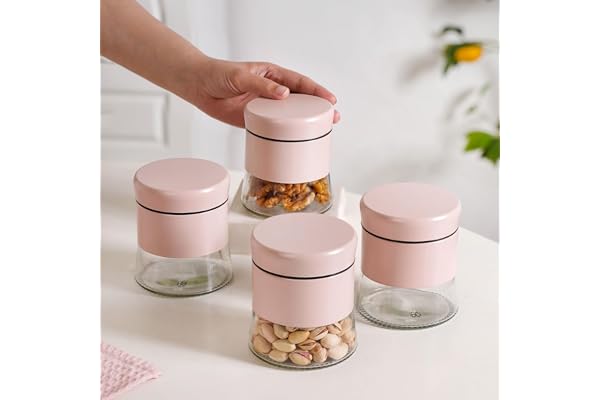 Nestasia Metal Jacketed Glass Jars Set of 4 (600 ml) Airtight See - Through Glass Containers with Lids for Kitchen Storage - Ideal for Storing Snacks, Dry Fruits, Pickles or Pulses (Pastel Pink)