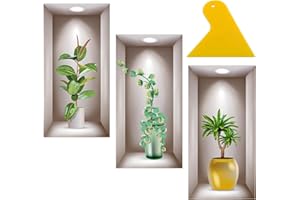 JTMKYO 3 Pegatinas De Pared para Sala De Estar Con Raspador De 1 Pieza, Pegatinas De Pared De Plantas En Maceta Tridimensionales, Pegatinas De Decoración De Paredes, Pintura De Pared De Jarrón De Plantas