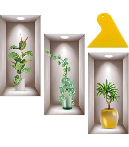 Adesivi Da Parete 3D Vasi Con Fiori - Set Di 3, Vinile PVC, 40x20cm, Decorazione Murale Moderna