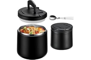 Itslife Termo para Comida 600ml, Recipiente Térmico para Comida con Cuchara, Acero Inoxidable Fiambrera Termica Infantil y Adultos, Contenedor Térmico para Picnic, Escuela y Oficina, Negro