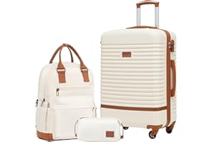 COOLIFE Valise, 3 Pièces Set de Valise avec Sacs de Voyage et Trousse de Toilette pour Voyages d'affaires, Serrure TSA et roulettes Pivotantes à 360° (Blanc/Marron, Moyenne)