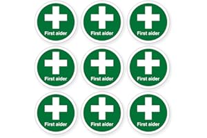 BLOSSOM PRINT First Aider Stickers - Pack of 9 first aider signs - 90mm diameter - self adhesive vinyl labels - Ideal for instant recognition of a first aider on site