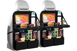Yuragim Lot de 2 protections de dossier de voiture avec table, organiseur de siège arrière de voiture avec rangement pour tablette/téléphone, poches de rangement étanches pour enfants, longs trajets