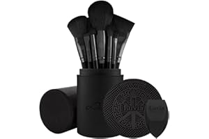 LUVIA COSMETICS Zestaw pędzli do makijażu Luvia, Prime Vegan Pro - Black, 12 pędzli do makijażu, w tym pojemnik na pędzle, gąbka do blendowania i mata do czyszczenia pędzli kosmetycznych, w kolorze czarnym