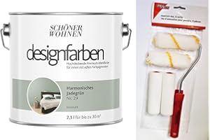 HAGEBAUSPN Schöner Wohnen designfarben feinmatte Wandfarbe für innen 2,5 Liter mit go/on Rollen-Set 5-tlg (Nr 29 Harmonisches Jadegrün)