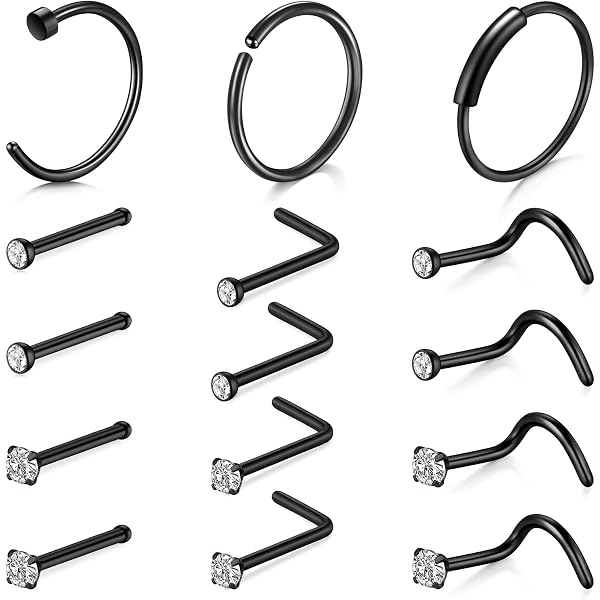 Percing Au Nez JeweBella Kit 21 Piercings Nez Acier 316L - 20G, CZ Colorés, Formes L/I/S - Hypoallergénique Pour Femmes