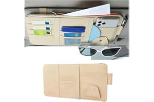 Adunsiaoto Car Sun Visor Organiser, Car Interior Leather Sun Visor Organiser, Universal Card Holder Adjustable Sun Visor Organiser, Multifunctional Storage Bag for Sunglasses, Card, Pen(Beige)