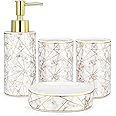 TOMVAES Bathroom Accessory Set, 4 Pcs Ceramic Bathroom Set Luxury Marble Bath Accessories Set Bathroom Décor Accessories Toothbrush Holder, Lotion Dispenser, Tumbler, Soap Dish (Gold)