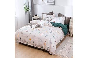 Koudi Dino Bed Linen 155 x 220 cm 2-Piece Boys Girls Bed Linen Cartoon Dinosaur Pattern Reversible Bed Linen 100% Microfibre Children's Duvet Cover with Pillowcase 80 x 80 cm