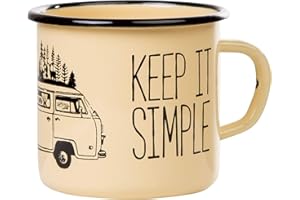 Mugsy - Tazza smaltata con scritta in inglese "Keep it simple” e disegno di camper, 330 ml, attrezzatura da campeggio, colore giallo