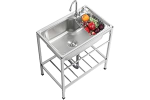 DUCHUNSHENG Cuve Simple Evier Inox De Cuisine Plonge - Evier Jardin Professionnel - 50cm 60cm Évier De Restauration Autoportant Pour Intérieur Extérieur, Antirouille, Barbecue Evier Avec Egouttoir Robinet