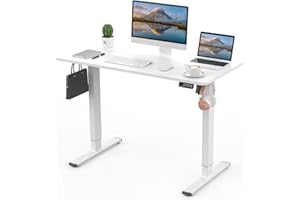 ERGOMAKER Biurko elektryczne 110x60 cm, Biurko do siedzenia i stania z regulacją wysokości, Pamięć ustawień, W zestawie Hooks, Do domu i biura, Biały