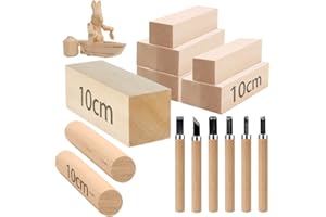 COPSD 11-Teiliges Lindenholz Zum Schnitzen Rohlinge Holz Wood Und 6-Teiliges Schnitzmesserset, Basswood Carving Schnitzholz FüR Kinder Holz Zum Schnitzen FüR AnfäNger, Kinder, Erwachsene, Diy
