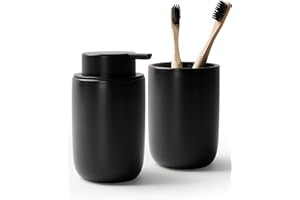 Bosilunlife Soap Dispenser and Toothbrush Holder Set - Dish Hand Soap Dispenser Bathroom Set Ceramic Bathroom Counter Soap Toothbrush Holder Set Black Bathroom Accessories Set