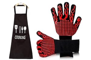 IL SELECTED Pack de Guantes para Horno + Delantal de Cocina para Hombre y Mujer - Manoplas para Barbacoa y Horno - Guantes Ignífugos para Barbacoa - Manoplas de Cocina + Delantal para Cocinar