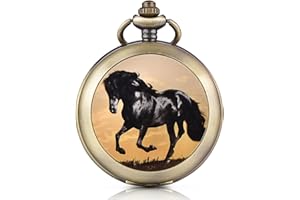 INFINITE U Unendlich U Schwarzes Pferd Ross Handaufzug Mechanische Taschenuhr Foto Medaillon Weißes Zifferblatt Skelettuhr Pullover Halskette, beide Ketten