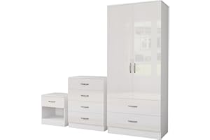 Nera High Gloss Bedroom Furniture Set 3 Piece Set Wardrobe with Drawers Chest of Drawer Bedside Table Bedroom Storage (Gloss White(Matt White))