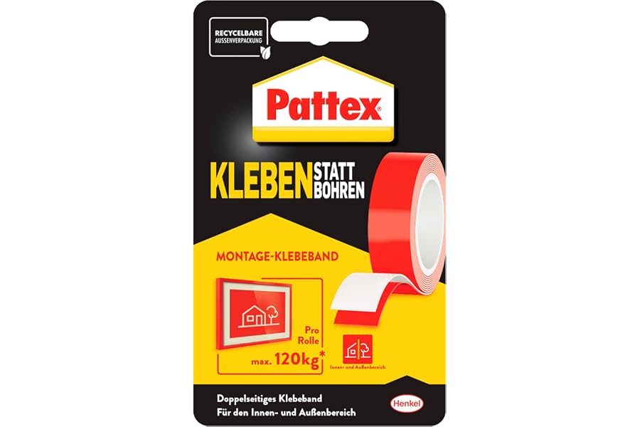 Produktabbildung zu Pattex Kleben statt Bohren Klebeband, doppelseitig, Weiß, 19mm x 1,5m | Trägt bis zu 120kg, wasserfest und witterungsbeständig, für Metall und Holz, innen & außen einsetzbar
