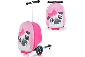 GOPLUS 2 in 1 Kinderkoffer mit Roller, 26 Zoll Reisegepäck mit Eva-Gehäuse & blinkenden LED-Rädern, Klappbarer Scooter mit einziehbarem Lenker für Kinder ab 5 Jahre alt (Hund)