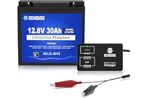 Batterie au lithium rechargeable DCHOUSE LiFePO4 12V 30Ah à cycle profond avec chargeur Type-C vers USB,cycle profond 4000+,adaptée aux tondeuses à gazon, panneaux solaires, bateaux à moteur, camping