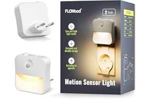 ‎FLOWOOD FLOWood Nachtlicht Steckdose mit Dämmerungssensor und Bewegungsmelder, 2 Stück Nachtlicht Kinder 3 Einstellbare Helligkeit, LED Steckdosenlicht für Kinderzimmer, Treppen, Schlafzimmer, WarmWeiß