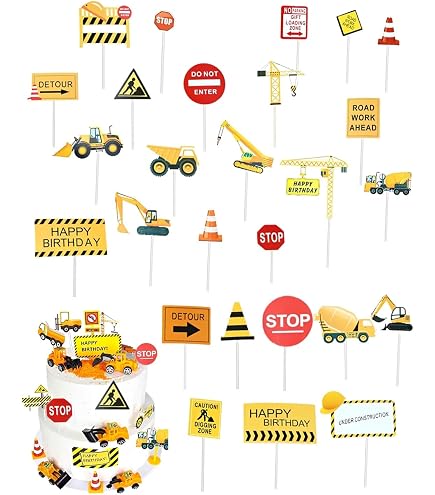 Lot 10 Mini Pelleteuses Chantier – Décoration Gâteau, Jouets Engins De Construction, Panneaux Signalisation – Cadeau Anniversaire Enfant