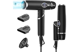 SLOPEHILL Secador de Pelo Profesional Iones Viaje Plegable Ligero con un Motor sin cepillo de 11.000RPM, Secado Rápido/Bajo Ruido/Difusor Magnético/Pantallas LCD para el Hogar, Salones y Viajes (Negras)