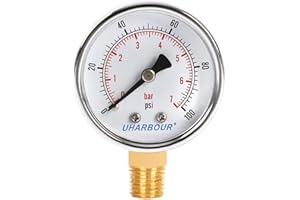 Uharbour Reliable Dual Scale Mechanical Pressure Gauge for Gas and Water (100psi/7bar) with 1/4" NPT Bottom Mount…