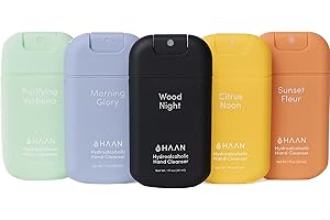 HAAN Spray Limpiador de Manos Hidratante con Aloe Vera (Pack de 5), Limpia Tus Manos - 1 de Cada Aroma: Wood Night, Morning Glory, Sunset Fleur, Citrus Noon, Purifying Verbena