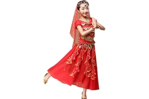 Ketamyy Filles Printemps Et Été Jupe Danse du Ventre Enfants Danse Indienne Vêtements Deux Pièces avec Accessoires