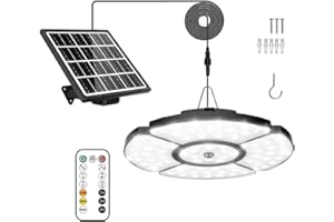 MEIKEE Lampe Solaire Suspendu pour Extérieur Interieur, avec Télécommande, 76 LED avec Détecteur de Mouvement, Luminosité et Couleur Réglables, Étanche IP54, Angle d'Éclairage Ajustable, Câble 5M