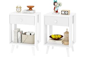 YMYNY Comodini, Set di 2, Tavolino da Notte, Tavolino Salotto, Cassetto in tessuto, Scomparto Aperto, Moderno, Struttura Semplice, per Camera da Letto, Soggiorno, Bianco HST012W-2