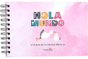 Album Fotos Bebé Niña HappyMots | 22cm x 15cm | Hola Mundo | Viene con Caja Protectora | Album Bebé para Pegar Fotos y Escribir | Set de Pegatinas Decorativas Incluido