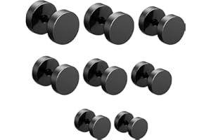 Zeayebsr Black Stud Earrings Stainless Steel Men Earring Pack 1 to 8 Pairs Ear Piercing Plugs Tunnels Screw Studs Set 18 Ga（Black 4-12mm:8 Pairs）