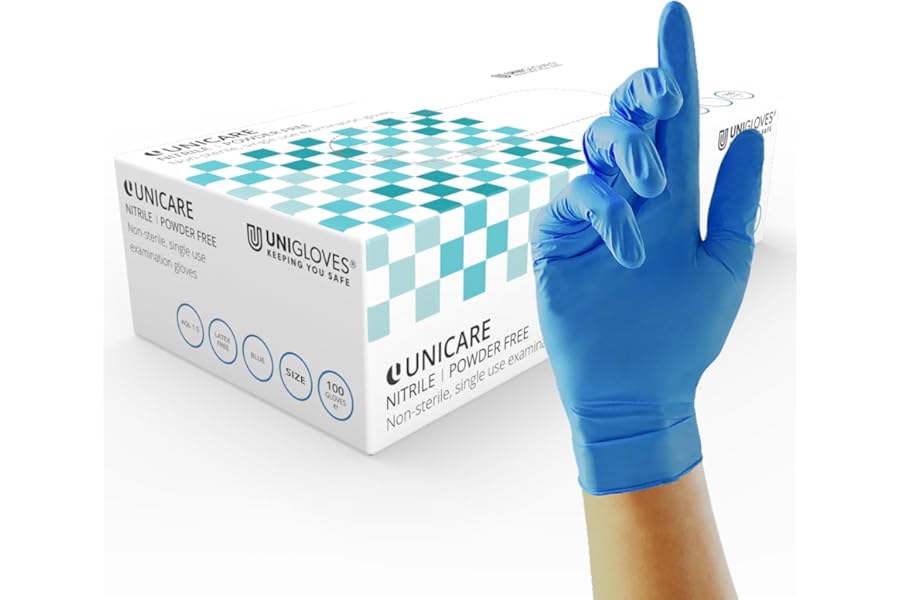 Unigloves Unicare Nitrile Examination Disposable Gloves - Multipurpose, Powder Free, Medical Gloves - Box of 100 Gloves, Blue, Medium (GS0033)