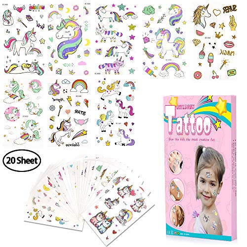 HOTFIT Tattoo Kinder, 20 Sheet Einhorn Kinder Tattoo Set kindertattoos Temporäre Tattoos für Kindergeburtstag 