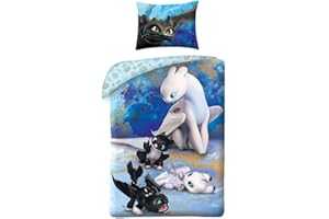 Euromat How to Train Your Dragon Bed Cover HTTD-6050BL, Children Bedding, Reversible Bedding, Blue White Black Bettware, 2 pcs Set, Bedding 140x200 Oeko-Tex
