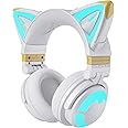 YOWU RGB Cat Ear Headphone 3G Wireless 5.0 Foldable Gaming Headset with 7.1 Surround Sound, Built-in Mic & Customizable Lighting and Effect via APP, Type-C Charging Audio Cable -White