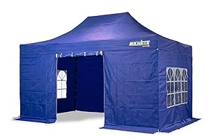 BULHAWK® 3M x 4.5M PREMIUM 32 COMMERCIAL GRADE, WATERPROOF, HEAVY DUTY POP UP GAZEBO MARKET STALL MARQUEE, INCLUDES 4 X 100% WATERPROOF SIDEWALLS AND CARRY BAG (3m x 4.5m Blue including side panels)