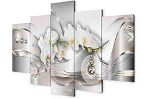 B&D XXL murando - Tableau Décoration Nature 200x100 cm 5 Parties - Impression sur Toile Cadre en Bois Salon Chambre Déco Murale Tableaux Maison Bureau Cuisine - Orchidées Glamour Blanc b-A-0073-b-n