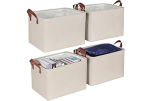 Syeeiex Storage Baskets for Shelves 4 Pack, Fabric Storage Boxes with Leather Long Handles, Foldable Storage Basket for Toys, Clothes , Organizing Home and Office - Natural
